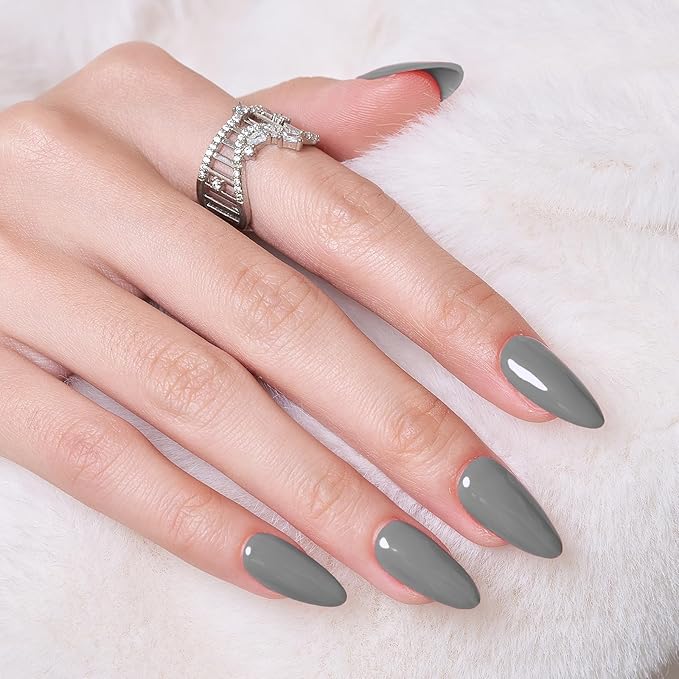 Glossy Grey Press On Nails, WOOYAS Solid Color Fake Nails Almond Medium Shaped Glue On Nails Full Cover Stick On Nails with Nail Glue Reusable False Nails for Women Gift
