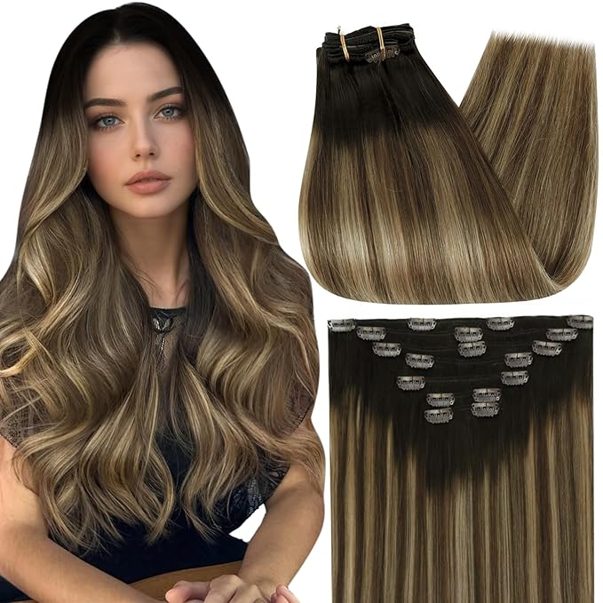 Full Shine Brown Hair Extensions Clip in Human Hair 22 Inch Dark Brown Ombre Caramel Blonde Hair Clip in Extensions Invisible Brazilian Hairpiece for Women 7 Pcs 120 G