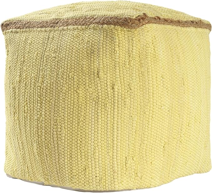 LR Home Dusky Citron Bordered Transitional Hand-Loomed Cotton Pouf with Jute Braid | Farmhouse Cube Foot Rest for Bedroom & Living Room Decor | 18 x 18 x 18 Stuffed Ottoman for Seating