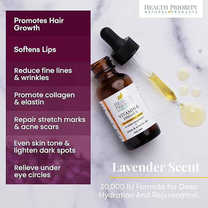 Health Priority Naturals|Organic Vitamin E Oil for Skin/Scars - 30,000 IU, 1 Fl Oz - Handmade in South Carolina, Non-GMO, Gluten/Cruelty Free, Vegan - Lavender Scented
