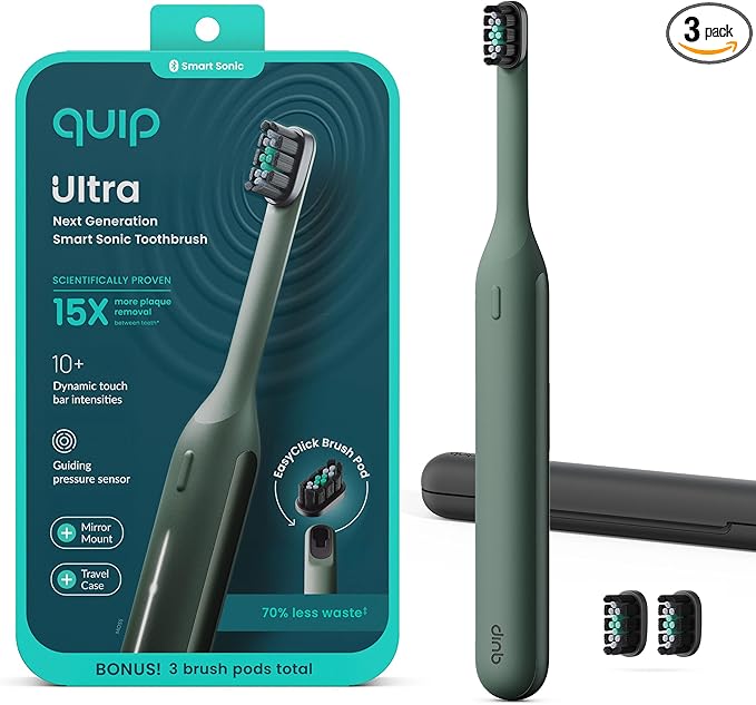 Quip Ultra Next Generation Smart Sonic Toothbrush - Timed Electric Toothbrush for Adults - Replaceable Brush Head, Soft Bristles, Silicone Handle, 30-Day Battery Life, Travel Case - Moss Green