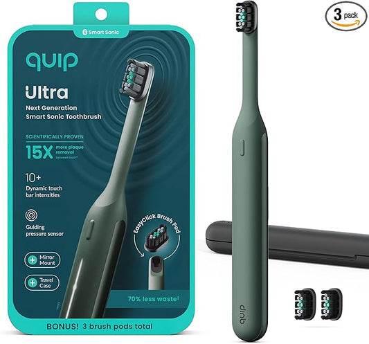 Quip Ultra Next Generation Smart Sonic Toothbrush - Timed Electric Toothbrush for Adults - Replaceable Brush Head, Soft Bristles, Silicone Handle, 30-Day Battery Life, Travel Case - Moss Green