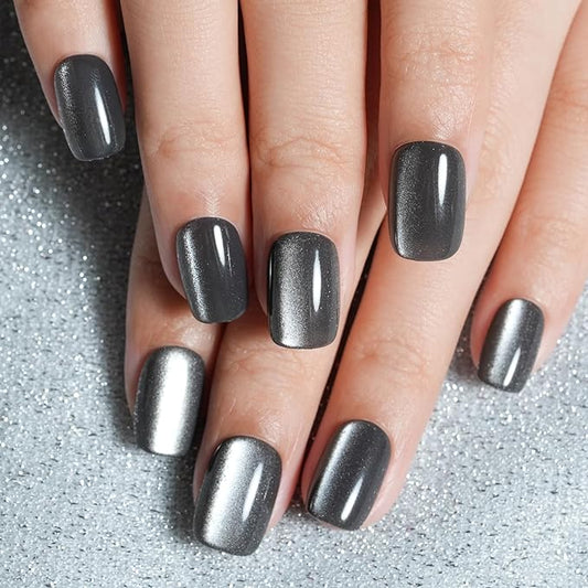 Cat Eye Press on Nails Short, Jofay Fashion Soft Gel Fake Nails, Gray Press on Nails, Reusable & Stylish Acrylic False Nails, Stick on Nails for Women Girls Gift, Glue on Nails Kit 32 Pcs