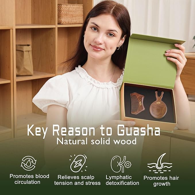 Scalp Massager Brush & Gua Sha Tool Set - Wooden Comb for Scalp Stimulation, Facial Massage & Relaxation, Handcrafted Natural Self-Care Gift Set with Storage Bag, King Wood