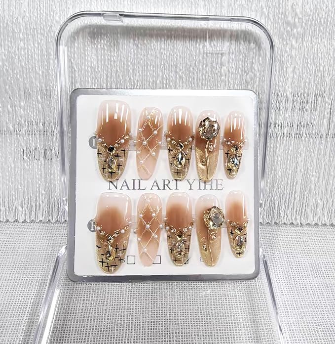 Handmade Press on Nails Long Stiletto Fake Nails French Tip with 3D luxury Rhinestones Designs Gold Glitter Cute Acrylic Nails for Women 10pcs (Size M）