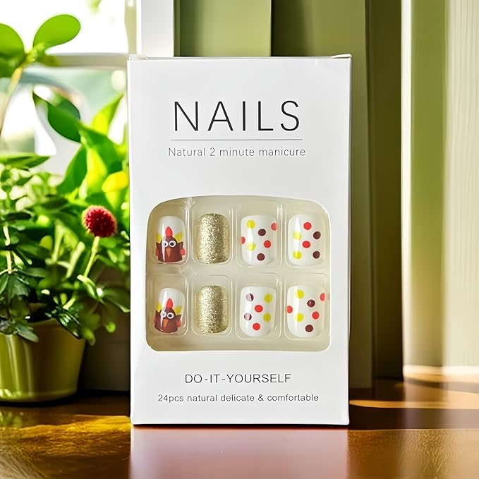 24Pcs Fall Thanksgiving Day Turkey Press on Nails Short Square Fake Nails Gold Glitter Full Cover Artificial Thanksgiving Nails Autumn Polka Dots Design Glue on Nail Glossy Acrylic Nails for Women