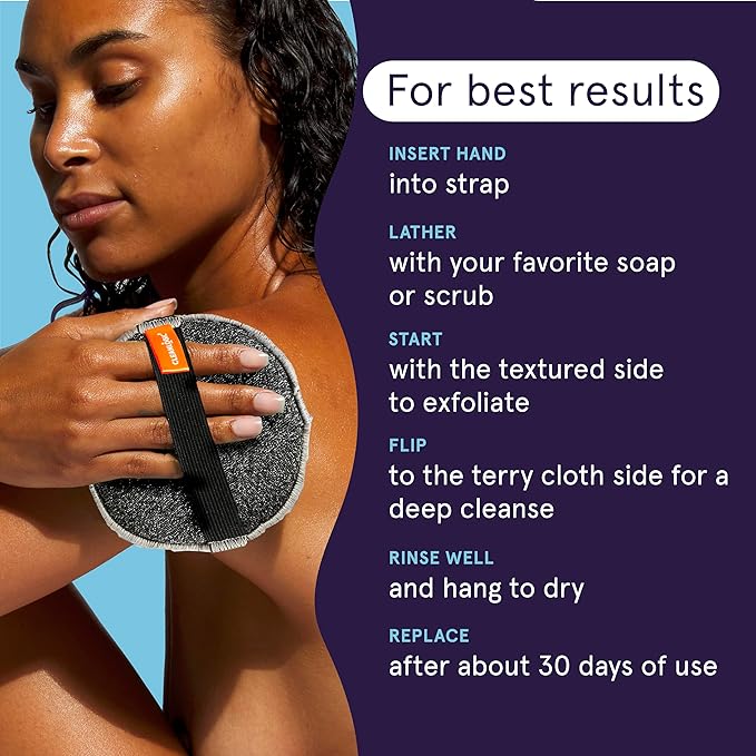 Cleanlogic Detoxify Purifying Charcoal Infused Exfoliating Body Scrubber, Dual-Texture Round Exfoliator Tool for Smooth, Clean Skin, Daily Skincare Routine, 3 Count Value Pack