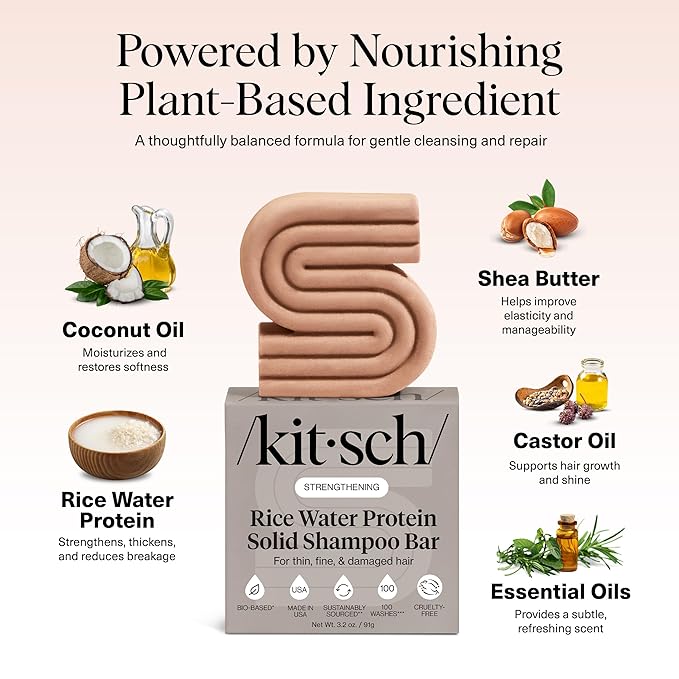 Kitsch Rice Water Shampoo Bar for Hair Growth – Strengthening Hair Shampoo for Men and Women – Reduce Breakage, Boosts Shine – Paraben, Silicone & Sulfate-Free, Vegan Hair Care - 3.2 oz