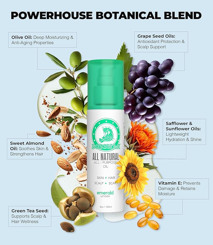 Bossman Skin, Scalp, and Hair Oil for Men & Women - 4 oz Moisturizing Body Oil - Emerald (Green Tea) Scent - Anti-aging, Hydrating, Scar Reducing Solution with Olive, Sunflower, Vitamin E