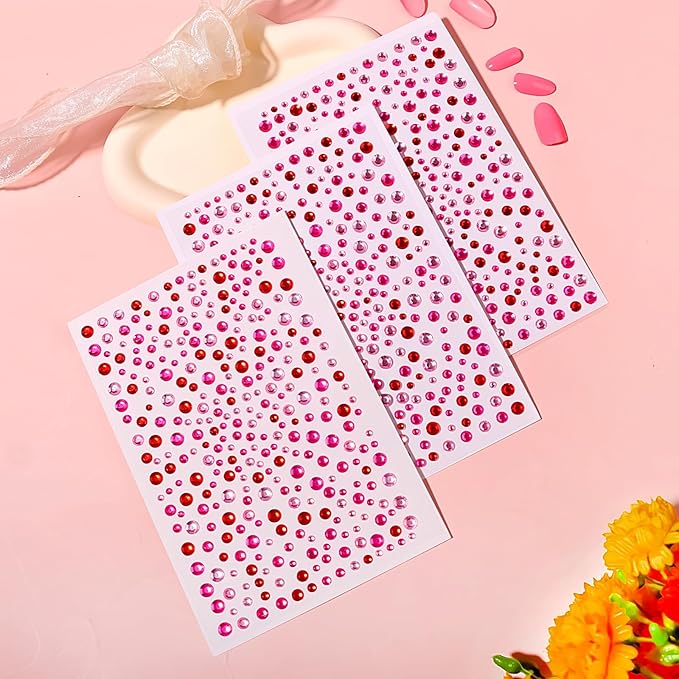 975Pcs Face Gems Hair Gems, Self-Adhesive Face Jewels Eye Jewels Rhinestones 3/4/5/6 mm DIY Face Gems Stick on, Hair Body Rhinestones Gems Crystals Pearls for Face Makeup, Crafts (gem_red+Pink+Rose)