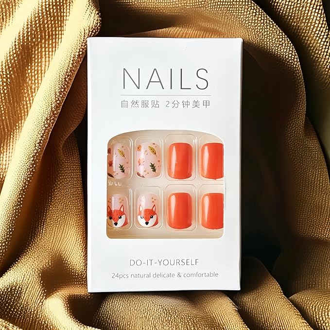 24Pcs Fall Press on Nails Short Square Fall Fake Nails with Cute Fox Maple Leaf Design Glue on Nails Orange Stick on Nails Glossy Thanksgiving Maple Leaves Full Cover Artificial Nails for Women