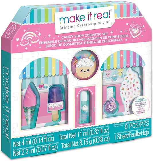 Make It Real: Candy Shop Cosmetic Set - 9 pcs, Vanilla & Strawberry Scented Cosmetics, Ice-Cream Shaped Glosses, Beauty Kit, Tweens, Girls & Kids Ages 8+