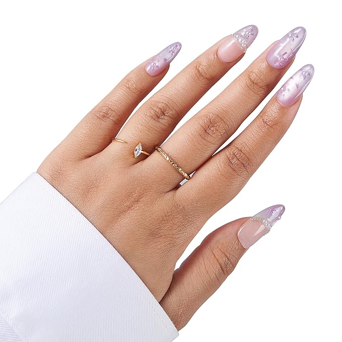Large-Lavender Pearl Blossom French Tip Press-On 10 Nails Manicure Kit for Women | Custom Handcrafted Nail Glue, Dual Nail File, Cuticle Stick & Buffer Block | Measure Before Ordering