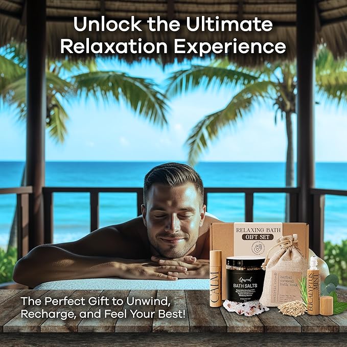 Relaxing Bath Gift Set, Luxury Spa Gifts for Women, Self Care Products for Women and Men, Calm Essential Oil Roller, Oatmeal Lavender Bath Soak & Epsom Salts with Essential Oils