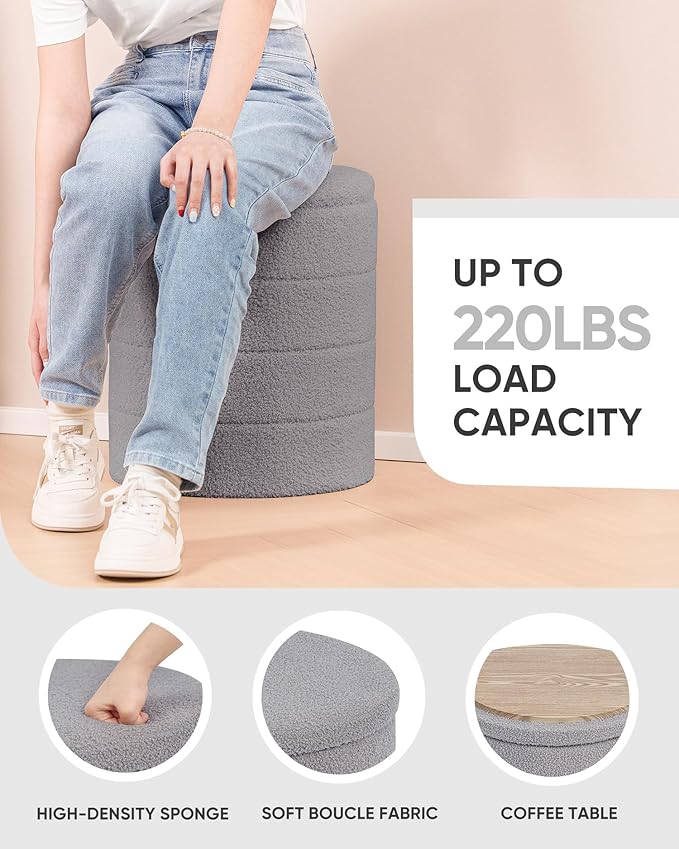 B FSOBEIIALEO Ottoman with Stroage, Round Sherpa Storage Ottoman Stool, Boucle Foot Rest 14.6"x14.6"x17.7"（Grey