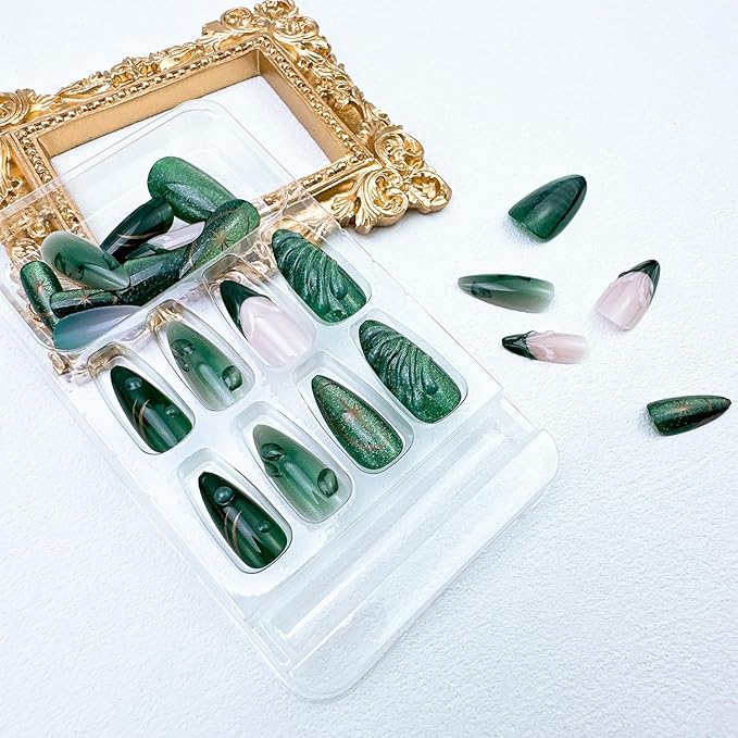 24pcs Green Press on Nails Medium Almond Fake Nails with 3D Leaf Water Drop Designs French Tip False Nails Glitter Glue on Nails Star Acrylic Nails Kit Full Cover Glue On Nails for Women