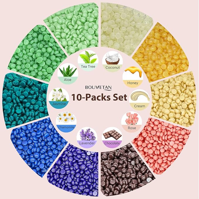 Hard Wax Beads 2.2 lbs, 10 Pack Variety Wax Beans for Hair Removal, Sensitive Skin, Ideal for Face, Eyebrows, Bikini, Underarms, Legs, Brazilian Waxing and Full Body