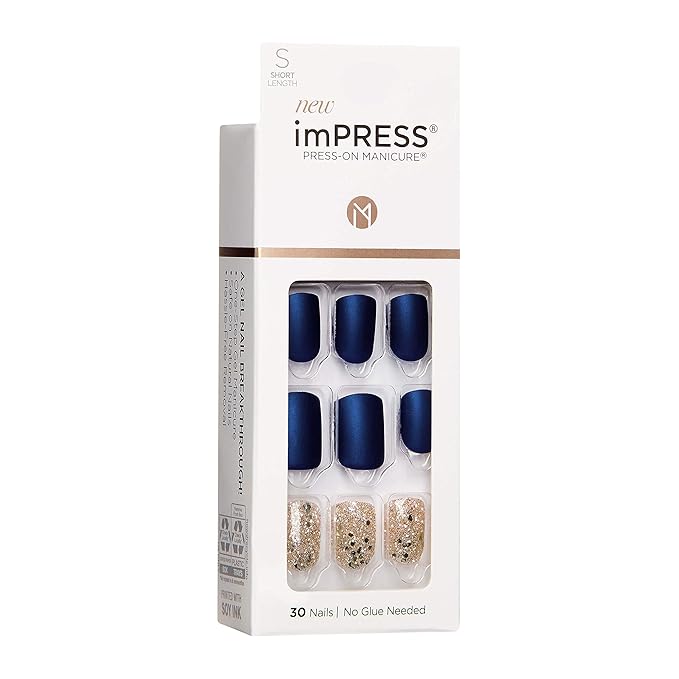 imPRESS Design, Press On Nails, Wannabe Star, Blue, Short, Size, Squoval, Shape, Includes 30 Nails, Prep Pad, Instructions Sheet, 1 Manicure Stick, 1 Mini File