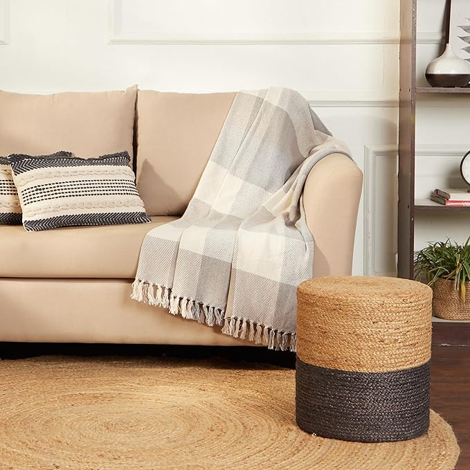 REDEARTH · Cylindrical Pouf Foot Stool Ottoman - Jute Braided Pouffe Poof Accent Sitting Footrest for The Living Room, Bedroom, Nursery, Patio, Lounge & Other Rooms (14.5”x14.5”x16”; Natural Gray)