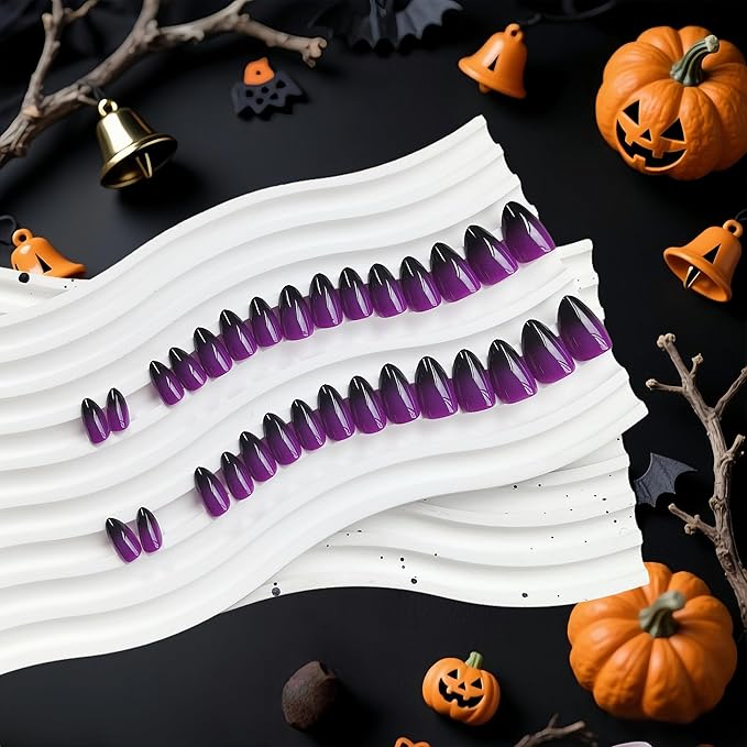 KQueenest Acrylic Press On Almond, Ombre Purple Black Press On Nails Short Stiletto, Dark French Fake Nails With Glue, Gradient Glue on Nails with Design, Reusable Stick on Nail for Women, 30 Pcs