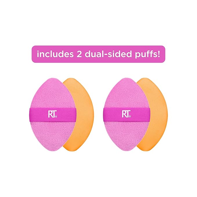 Real Techniques Miracle 2-In-1 Powder Puff 2 Pack, Dual-Sided, Full Size Makeup Blending Puff, Reversible Elastic Band, Makeup Sponge & Powder Puff, For Liquid, Cream & Powder Products, Crulety-Free