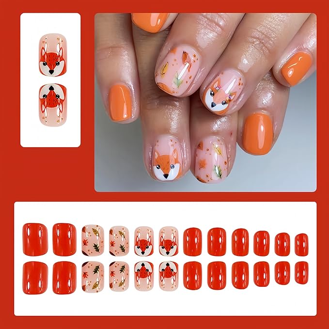 24Pcs Fall Press on Nails Short Square Fall Fake Nails with Cute Fox Maple Leaf Design Glue on Nails Orange Stick on Nails Glossy Thanksgiving Maple Leaves Full Cover Artificial Nails for Women