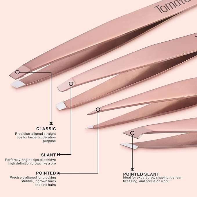 Tweezers for Eyebrows, Slant Tip and Pointed Eyebrow Tweezer Set Great Precision for Eyebrows Facial Hair, Ingrown Hair, Splinter, Blackhead and Tick Remover (4-piece) (Gold)