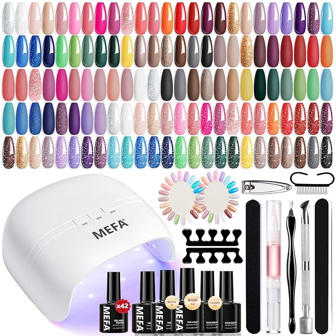 MEFA 42 Colors Gel Nail Polish Kit with U V Light, 59 Pcs All Seasons Collection Colorful Gel Polish Essential Set with 5 Psc Matte/Glossy Base Top Coat, Salon Gifts for Women