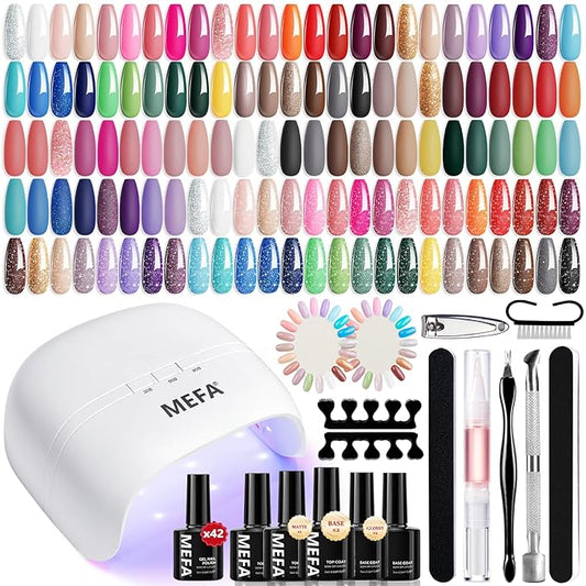 MEFA 42 Colors Gel Nail Polish Kit with U V Light, 59 Pcs All Seasons Collection Colorful Gel Polish Essential Set with 5 Psc Matte/Glossy Base Top Coat, Salon Gifts for Women