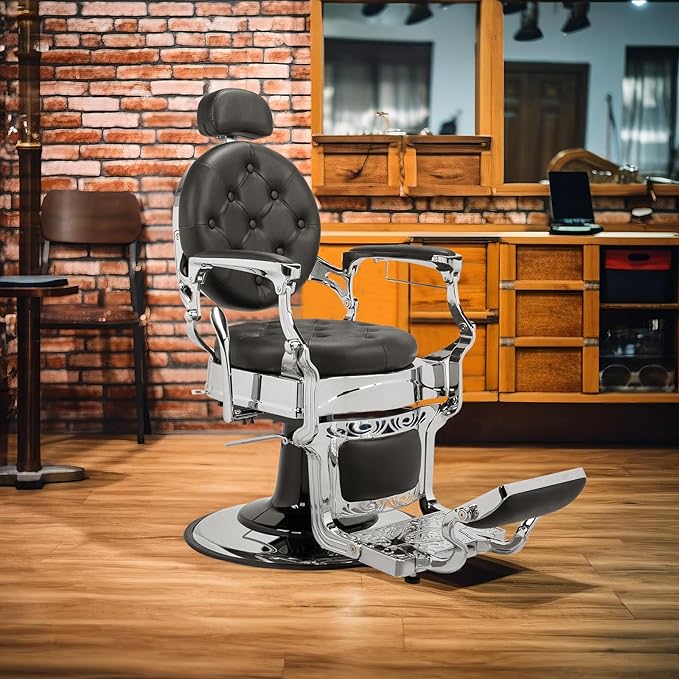 Winado Heavy Duty Vintage Recline Barber Chair Hydraulic with Headrest, Supports up to 700lbs & 360°Rotatable, Professional Salon Beauty Spa Shampoo Equipment (Button Style)