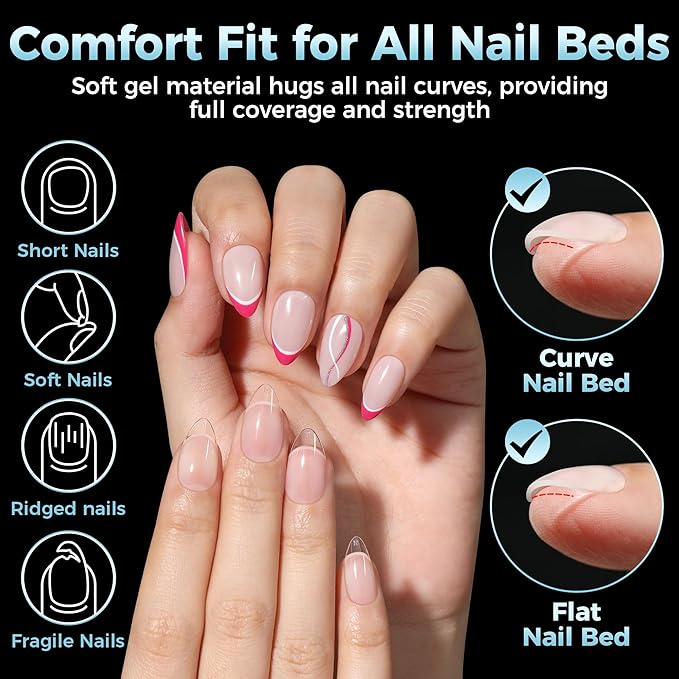Short Almond Gel Nail Tips 360Pcs, Pre Etched Nail Tips Almond Shape Full Cover Soft Gel Fake Nails for Nails Extension DIY Art Salon 12 Sizes