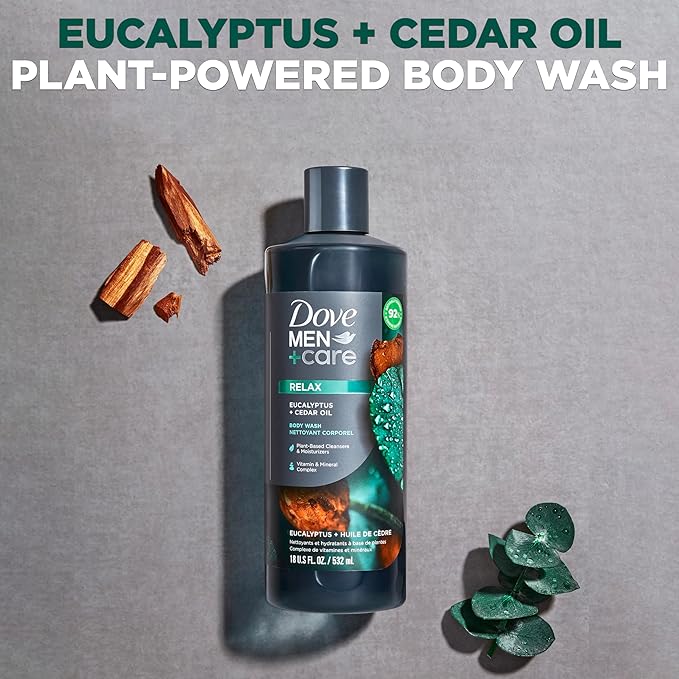 DOVE MEN + CARE Body 4 Count Wash Eucalyptus + Cedar Oil to Rebuild Skin in the Shower with Plant-Based Cleansers and Moisturizers 18 oz