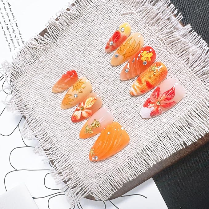 30 Pcs Fall Press on Nails Medium Almond Fake Nails with 3D Flower Gold Rose Rhinestones Design Gold Maple Leaf False Nails White French Tip Acrylic Nails Autumn Thanksgiving Stick on Nail for Women