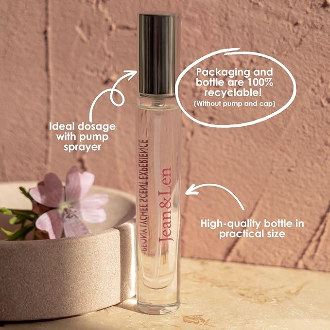 Jean & Len Scent Experience Peony & Lychee, Eau de Toilette with peony & lychee fragrance, practical mini perfume, ideal for on the go, minimalistic glass bottle, 0.34 Fl. Oz.