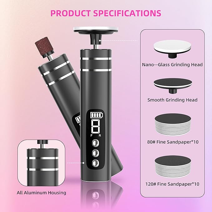 2 in 1 Electric Foot Callus Remover,9 Adjustable Speeds Rechargeable Electric Dead Skin Sander Pedicure Tools with Sandpaper Disk and Nail Drill Bits,Grinding Heads for Women&Men