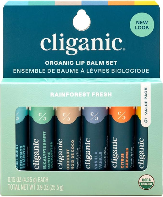 Cliganic Organic Lip Balm Set (6 Flavors) - 100% Natural Hydrating, Moisturizing for Dry Cracked Lips, for Men & Women