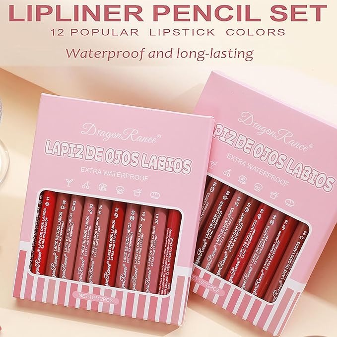 12 Colors Lip Liner Combo, Matte Lipstick Lip Liner Set, long-lasting Lip Pencil Waterproof & Non-Stick Cup, Smooth Texture High Pigmented Natural Lip Pen Makeup Gift