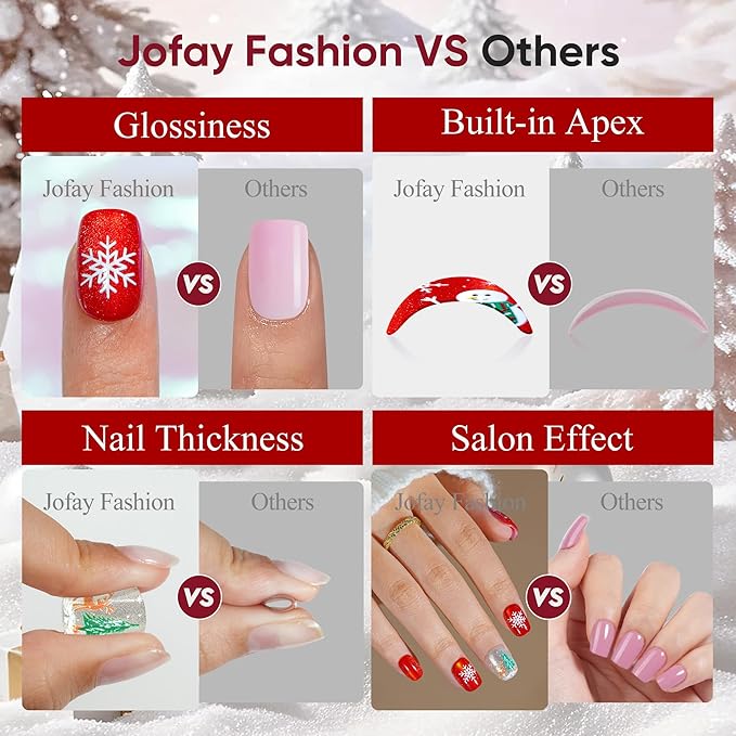 Christmas Press on Nails Short, Jofay Fashion Red Press on Nails, Fake Nails with Snowman, Xmas Tree and Elk Designs, Reusable Acrylic Cat Eye False Nails Glue on Nails Kit 32 Pcs