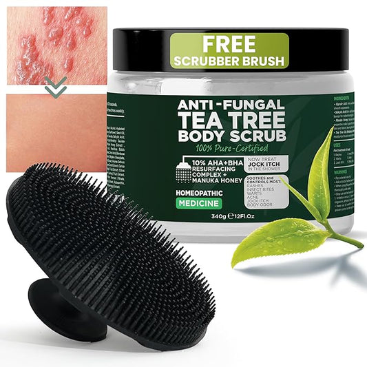 Terramed Just Think Comfort Antifungal Body Scrub with Tea Tree Oil – Exfoliating Body Wash for Women & Men – Soothes Itchy Skin, Rashes, Acne, Warts & Insects Bites – 12 Fl oz with Scrubber Brush
