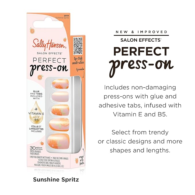 Sally Hansen Salon Effects Perfect Press-On Nails | Oval Shape | Easy to Apply, Non-Damaging | 30 Nails, Nail Glue, Adhesive Tabs, File |Sunshine Spritz