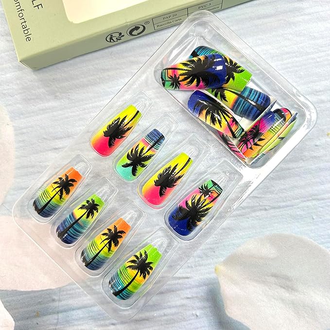 Black Coconut Tree Press on Nails Long Length Colorful Fluorescence Acrylic Nail Full Cover Glossy Ballet Shaped Artificial Stick on Nail Beach Artificial Fingernails DIY Glue on Nails for Women 24Pcs