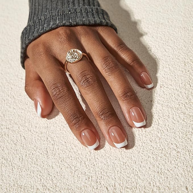 BTArtbox French Tip Press On Nails - Short Square Press On Nails, Natural Fake Nail with Nail Glue, Brown Glue On Nails in 15 Sizes - 30 Fake Nails Kit