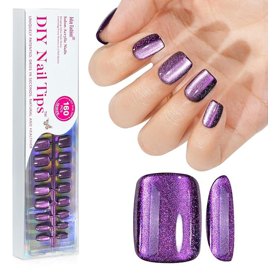 Cat Eye Press on Nails Kit- Milky Way Galaxy, Jofay Fashion Square Short Salon-Like Fake Nails with Deep Purple Glitter, Acrylic False Nails Reusable Full Cover Stick on Fake Nails for Women, 32 Sizes