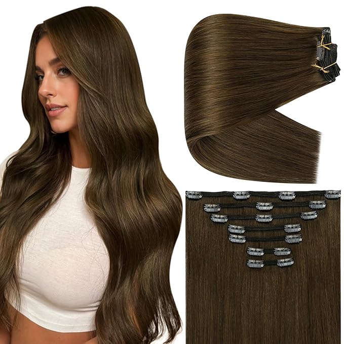 Full Shine 24 Inch Clip in Hair Extensions Human Hair Golden Brown Remy Hair Extensions Brunette Human Hair Clip in Extensions for Women Extra Volume 7 pcs