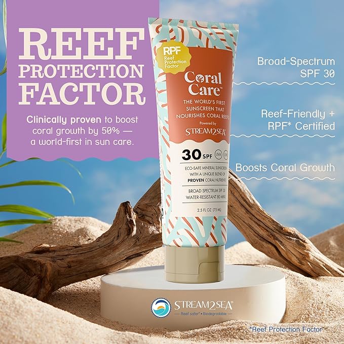 Stream2Sea Coral Care - Reef Safe Sunscreen SPF 30 Travel Size - First Reef-Approved Natural Mineral Sun block Boosts Coral Growth Water resistant- Non-Toxic, Biodegradable, Eco-Friendly - 2 Pack