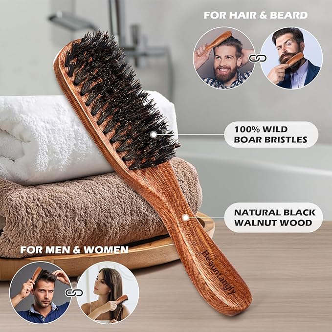 Hair Brush for Men, 100% Boar Bristle Hair Brush for Men Women’s Hair Smoothing, Styling, Detangling, Moisturizing, Adding Shine, Improving Blood Circulation, Promoting Hair Growth