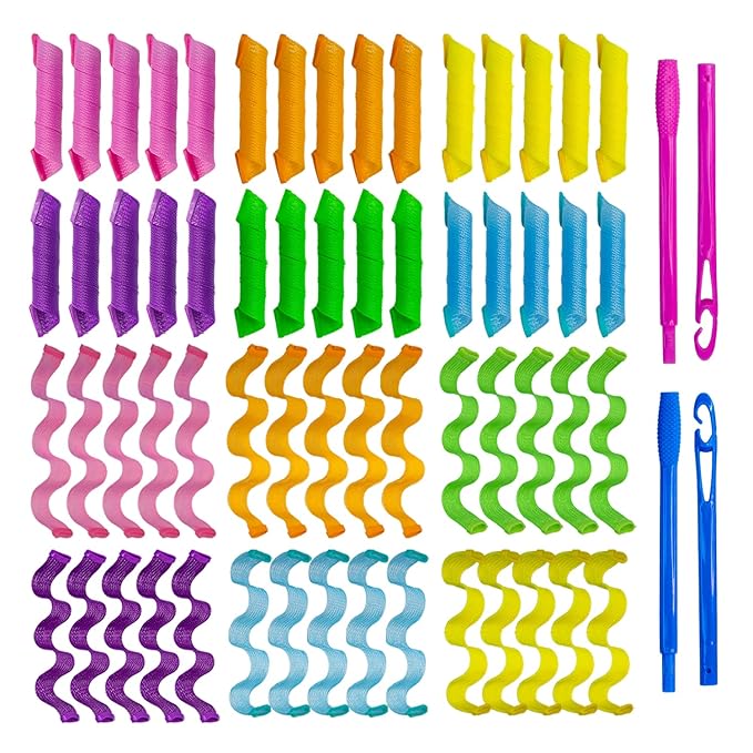 60pcs Heatless Hair Curlers Spiral and Wave Styling Kit 2 Styles No Heat Curlers with 2 Pieces Hooks for Women Girl's Short Medium and Long Hair((9.8 Inch/25 cm)