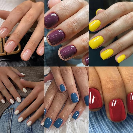 144Pcs Press on Nails Square, Short Square Press on Nails, Extra Short Press on Nails, Solid Color Fake Nails, Glossy Glue on Nails, Gel False Nails for Women, Stick on Nails Kit 12 Sizes-6 Colors