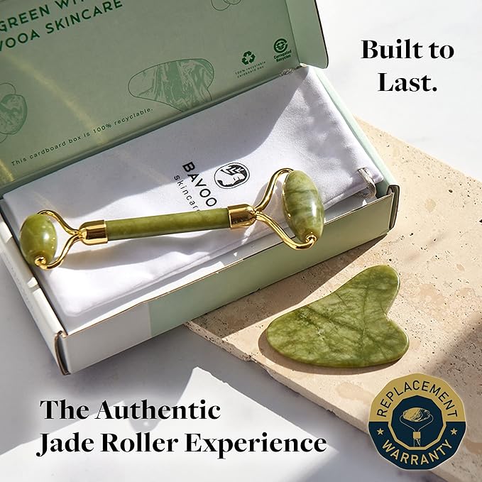 R.E.M Spring Jade Roller and Gua Sha - Spa Grade Face Roller Massager and Gua Sha Massage Tool Set. 100% Authentic Jade Stone. Reduces Puffiness, Wrinkles and Reveals Your Natural Glow