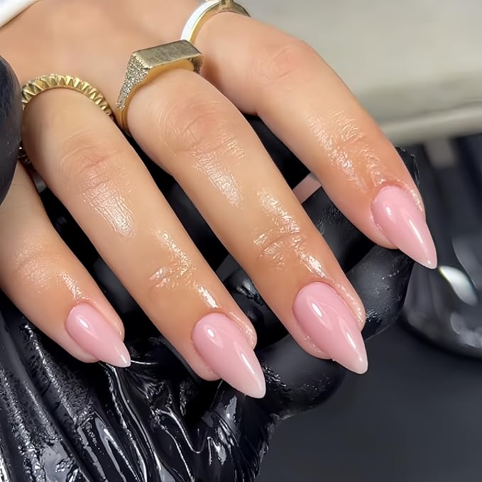 48Pcs Nude Pink Press on Nails Almond Fake Nails Glue on Nails Medium Length Almond Shaped Nails Press ons, Stiletto False Nail for Women, Thick Natural Acrylic Gel Nail
